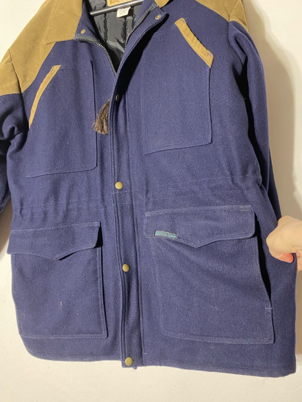 Vintage Cripple Creek Navy Wool Blend Chore Coat W Ultrasuede Trim Western L - Picture 16 of 16